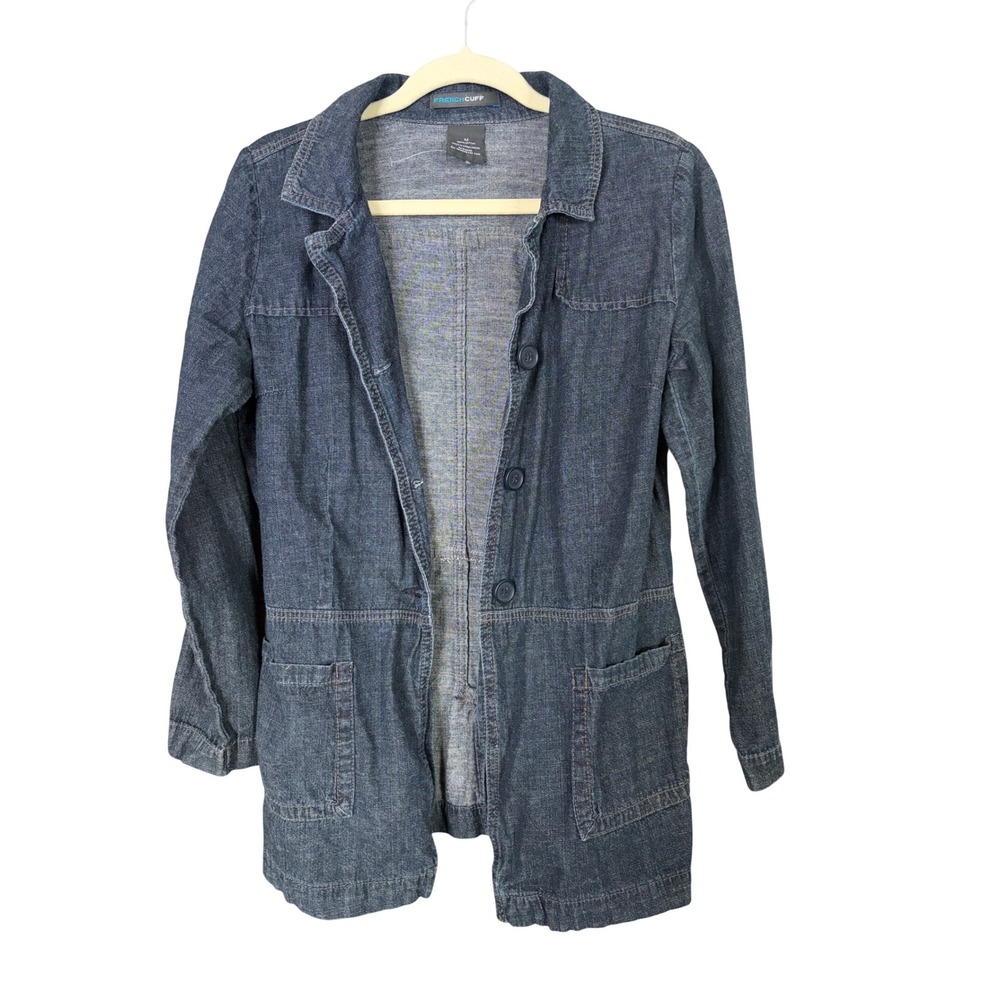French Cuff Denim Jacket Womens M Dark Wash Button Front Utility Workwear